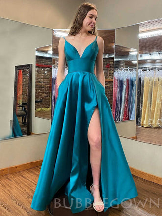 A-line Blue Satin Spaghetti Straps Simple Long Evening Prom Dresses, Cheap Custom prom dresses, MR8001