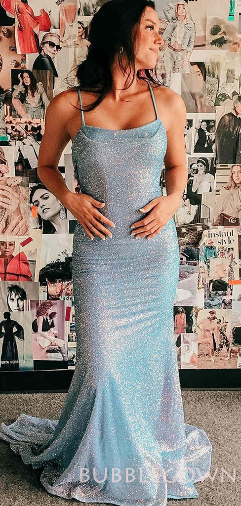 Blue Sequin Sparkly Mermaid Spaghetti Straps Long Evening Prom Dresses, MR8005