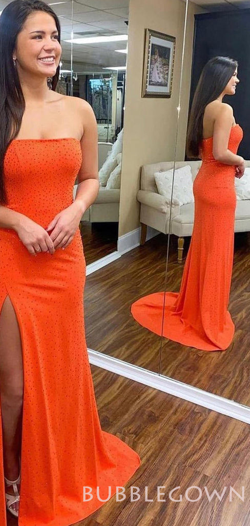 Orange Mermaid Staspless Beaded Long Evening Prom Dresses, Cheap Custom Prom Dresses, MR8006