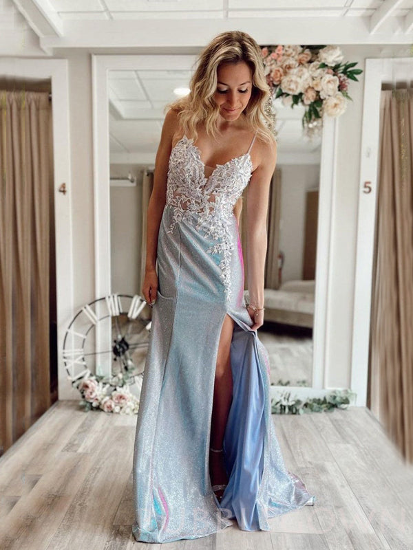 Mermaid Blue Sparkly Appliques Spaghetti Straps Long Evening Prom Dresses, MR8012