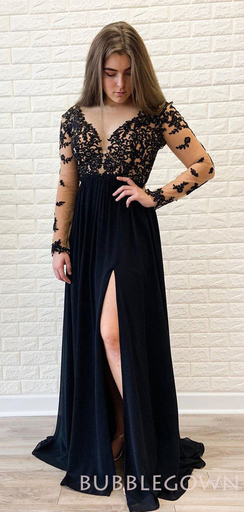 Sexy See Through Lace Long Sleeves Black Chiffon Long Prom Dresses, MR8013