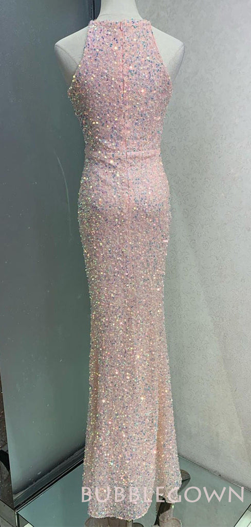 Mermaid Pink Sequin Sparkly Long Halter Evening Prom Dresses, MR8024