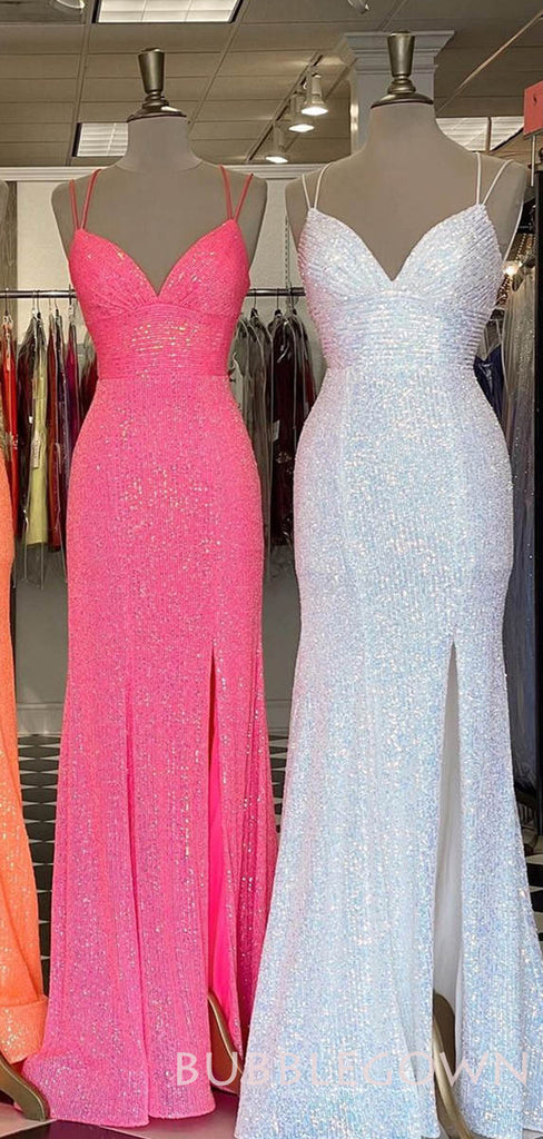 Mermaid Spaghetti Straps Sequin Long Sparkly Evening Prom Dresses, MR8025