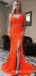 Two Pieces Orange Sequin Sparkly Mermaid Spaghetti Straps Long Evening Prom Dresses, MR8026