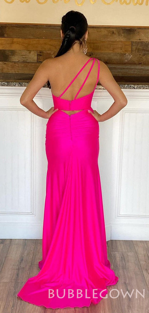 One Shoulder Hot Pink Satin Mermaid Long Evening Prom Dresses, Cheap Custom Prom Dresses, MR8031