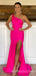 One Shoulder Hot Pink Satin Mermaid Long Evening Prom Dresses, Cheap Custom Prom Dresses, MR8031