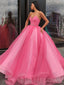 Ball Gown Hot Pink Organza Long Strapless Evening Prom Dresses, Cheap Sweet Prom dresses, MR8034