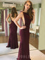 Burgundy Mermaid High-neck Long Evening Prom Dresses, Cheap Custom Prom Dresses, MR8035