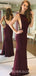 Burgundy Mermaid High-neck Long Evening Prom Dresses, Cheap Custom Prom Dresses, MR8035