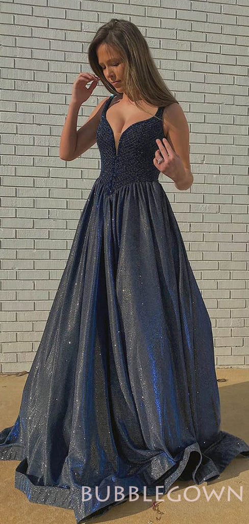 A-Line Navy Blue Sparkly Beaded Long Evening Prom Dresses, Cheap Custom Prom Dresses, MR8036