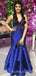 Deep V-neck Royal Blue Satin Mermaid beaded Long Evening Prom Dresses, Cheap Custom Prom Dresses, MR8037