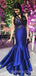 Deep V-neck Royal Blue Satin Mermaid beaded Long Evening Prom Dresses, Cheap Custom Prom Dresses, MR8037