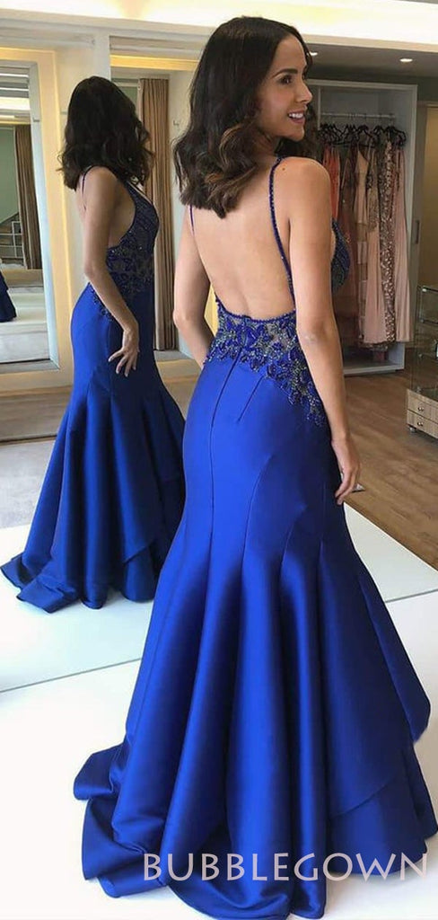 Deep V-neck Royal Blue Satin Mermaid beaded Long Evening Prom Dresses, Cheap Custom Prom Dresses, MR8037