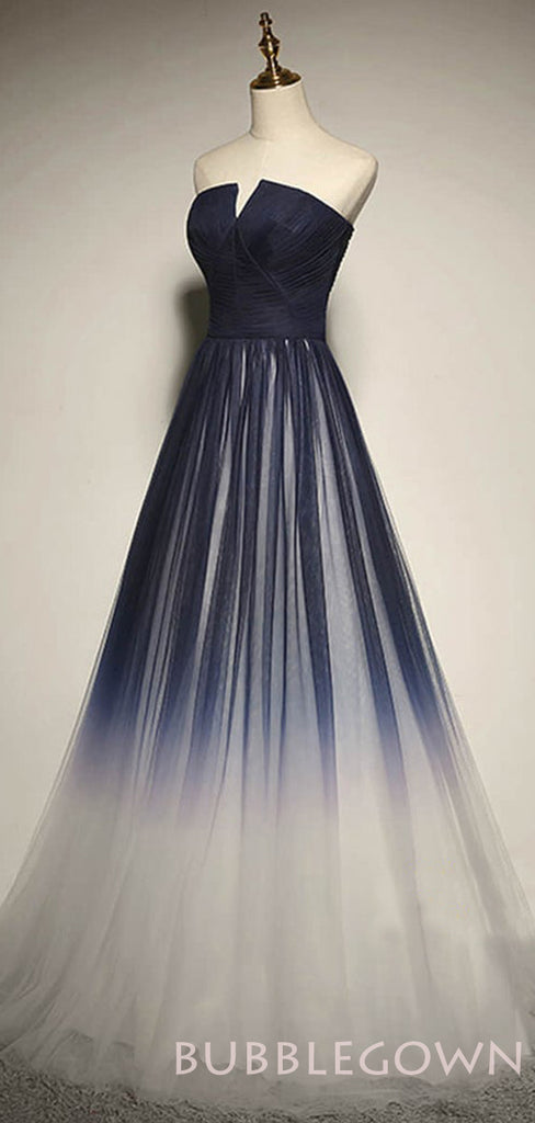 Navy Blue Tulle A-line Strapless Long Evening Prom Dresses, Cheap Custom Prom Dress, MR8039