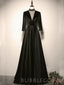 Long Sleeves Black Satin V-ncek Long Mermaid Evening Prom Dresses, Cheap Custom Prom Dress, MR8040