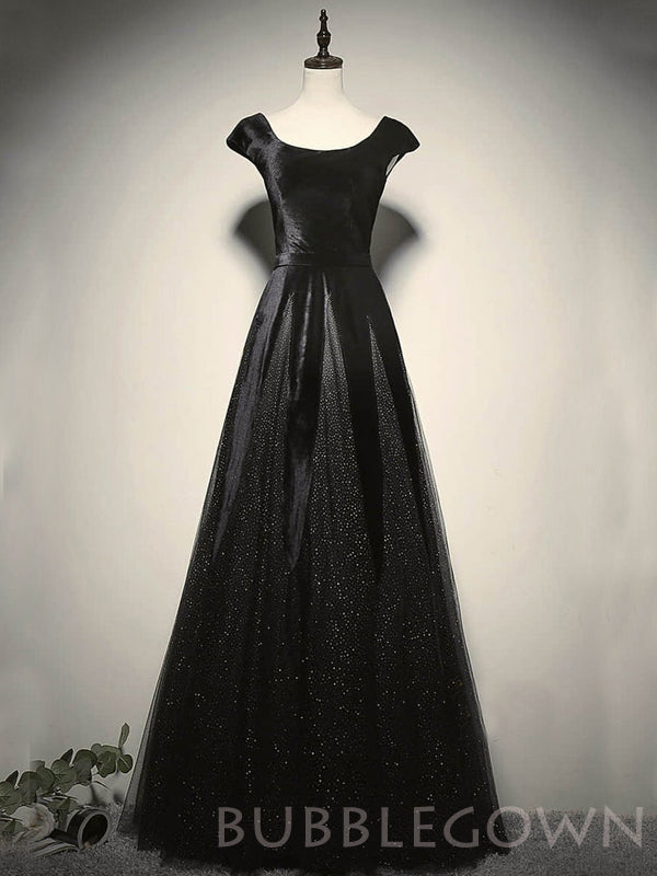 A-line Black Satin Sequin Scoop Long Mermaid Evening Prom Dresses, Cheap Custom Prom Dress, MR8041