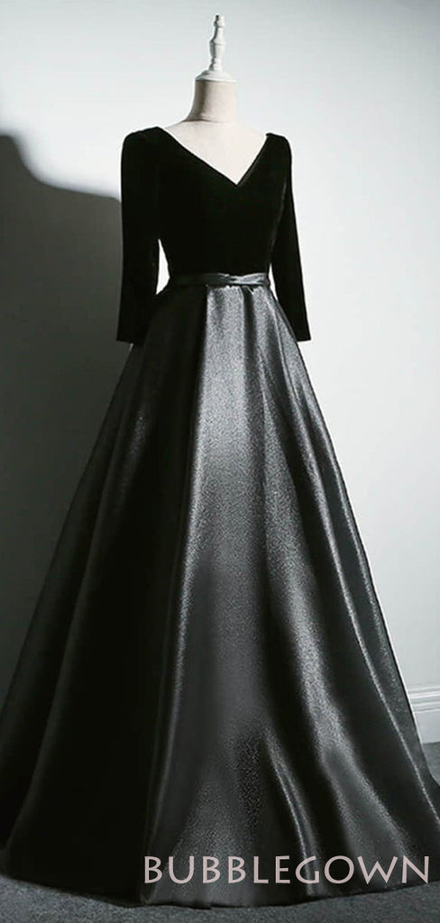 Long Sleeves Black Satin/Velvet  V-ncek Long Evening Prom Dresses, Cheap Custom Prom Dress, MR8042