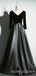 Long Sleeves Black Satin/Velvet  V-ncek Long Evening Prom Dresses, Cheap Custom Prom Dress, MR8042