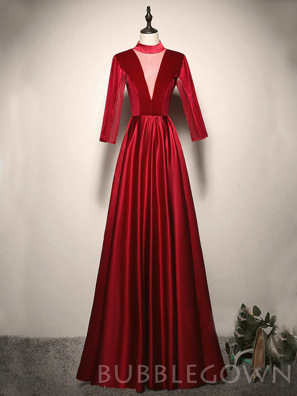 Deep V-ncek Burgundy Satin Long Sleeves Long Evening Prom Dresses, Cheap Custom Prom Dress, MR8043