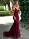 Burgundy Lace Mermaid Spaghetti Straps Long Backless Evening Prom Dresses, MR8045