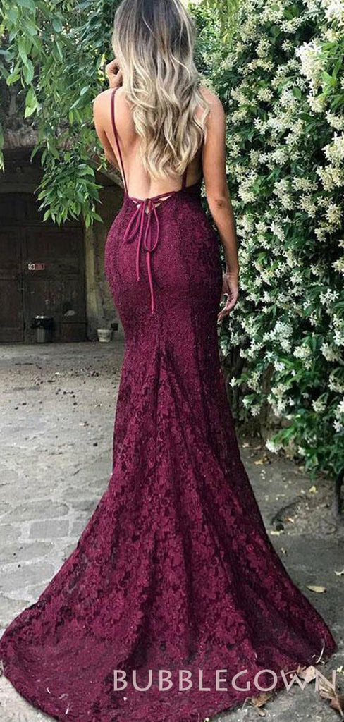 Burgundy Lace Mermaid Spaghetti Straps Long Backless Evening Prom Dresses, MR8045