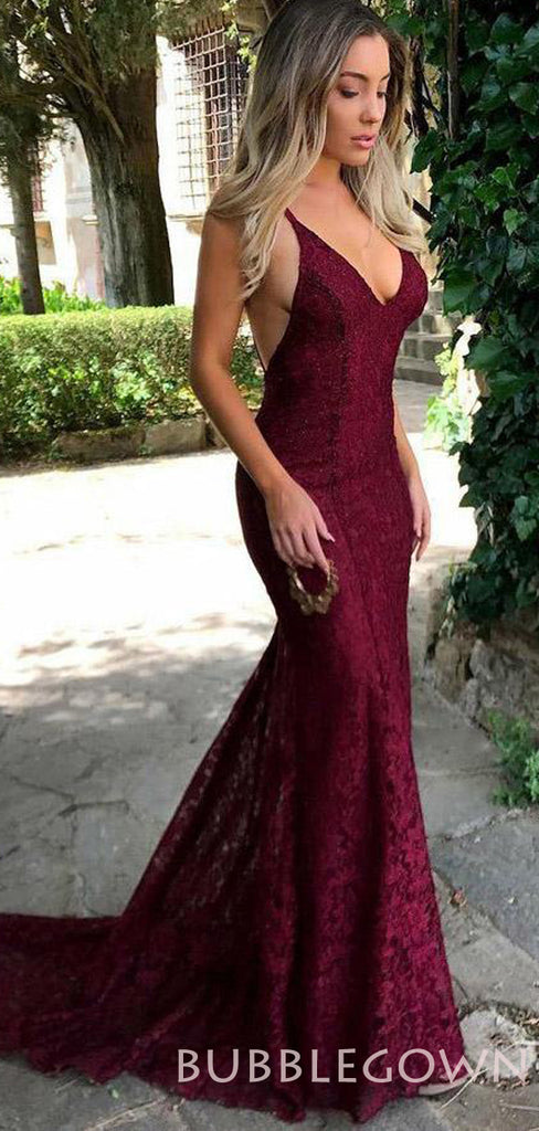 Burgundy Lace Mermaid Spaghetti Straps Long Backless Evening Prom Dresses, MR8045