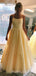 A-line Yellow Tulle Spaghetti Straps Appliques Long Evening Prom Dresses, MR8049