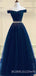 Off Shoulder Navy Blue Tulle Beaded Long Evening Prom Dresses, Cheap Custom Prom Dress, MR8050