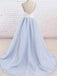 Spaghetti Straps Sweep Train Backless Light Blue Tulle Long Evening Prom Dresses, Cheap Custom Prom Dress, MR8052