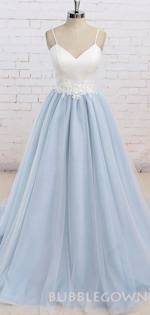 Spaghetti Straps Sweep Train Backless Light Blue Tulle Long Evening Prom Dresses, Cheap Custom Prom Dress, MR8052