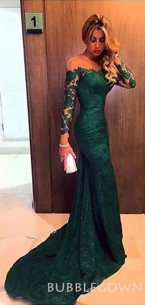 Off Shoulder Dark Green Lace Mermaid Long Evening Prom Dresses, MR8053