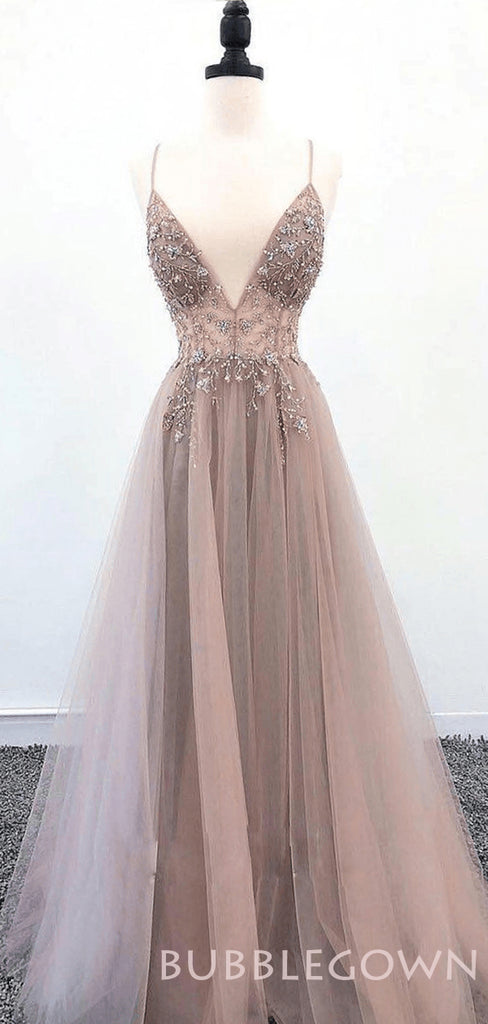 A-line See Through Tulle Beaded Long Spaghetti Straps Evening Prom Dresses, MR8058