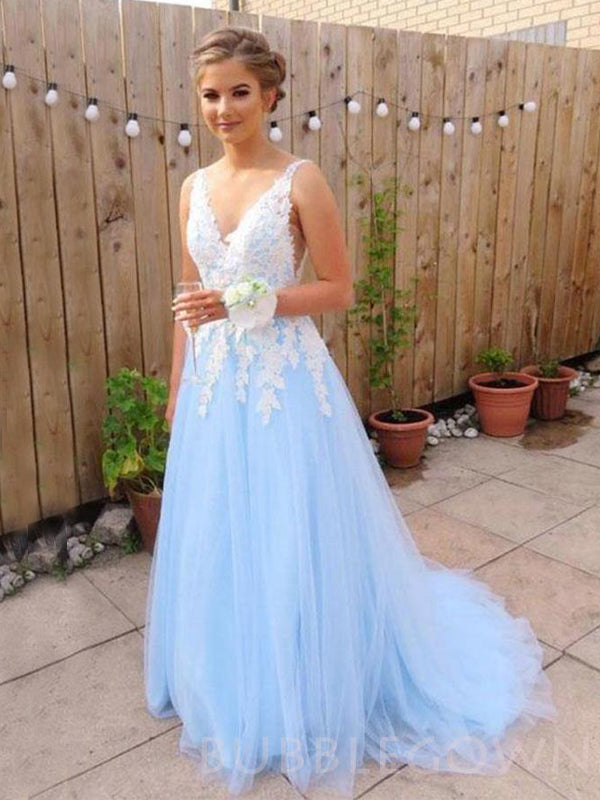 Elegant Blue Tulle A Line V Neck Lace Long Evening Prom Dresses, Cheap Custom V Back Prom Dress, MR8059