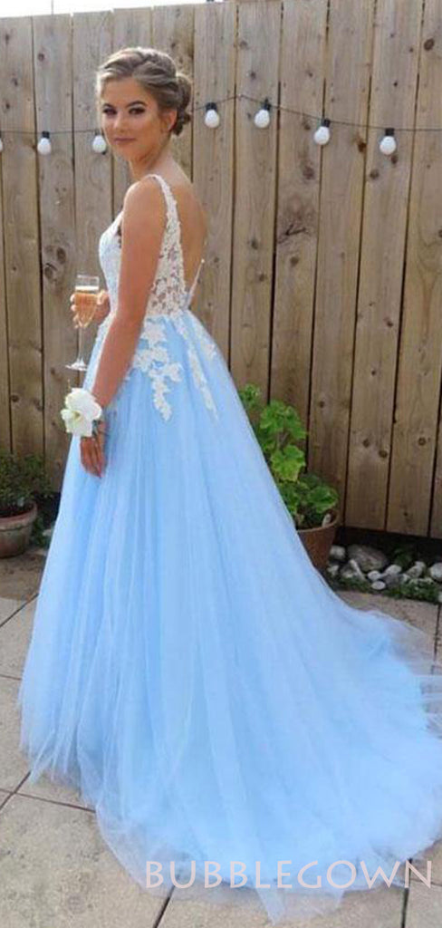 Elegant Blue Tulle A Line V Neck Lace Long Evening Prom Dresses, Cheap Custom V Back Prom Dress, MR8059