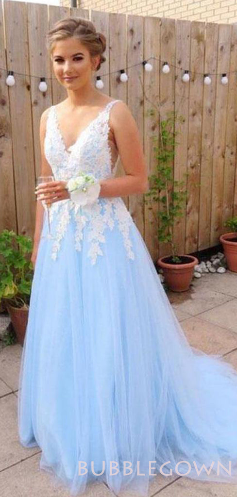 Elegant Blue Tulle A Line V Neck Lace Long Evening Prom Dresses, Cheap Custom V Back Prom Dress, MR8059