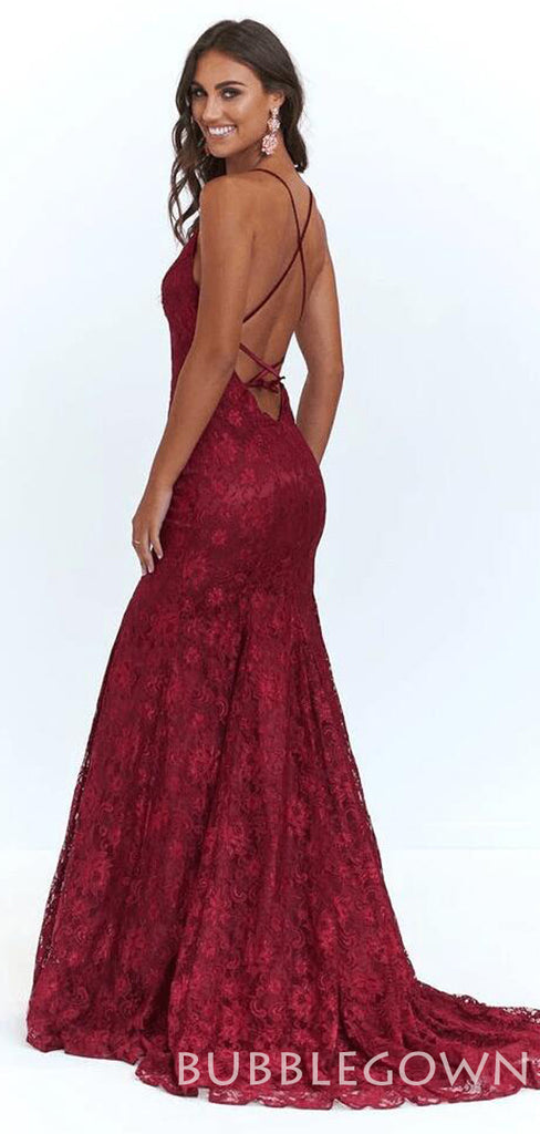 Spaghetti Straps Burgundy Lace Mermaid Long Backless Evening Prom Dresses, MR8060