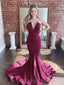 Burgundy Satin Mermaid Strapless V-neck Long Evening Prom Dresses, Cheap Custom prom dresses, MR8064