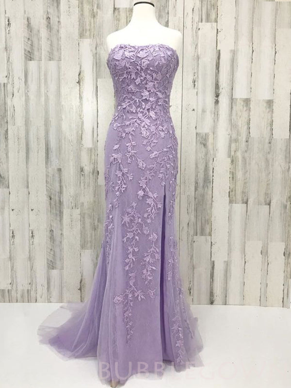 Mermaid Lilac Tulle Appliques Strapless Lace Long Evening Prom Dresses, MR8075