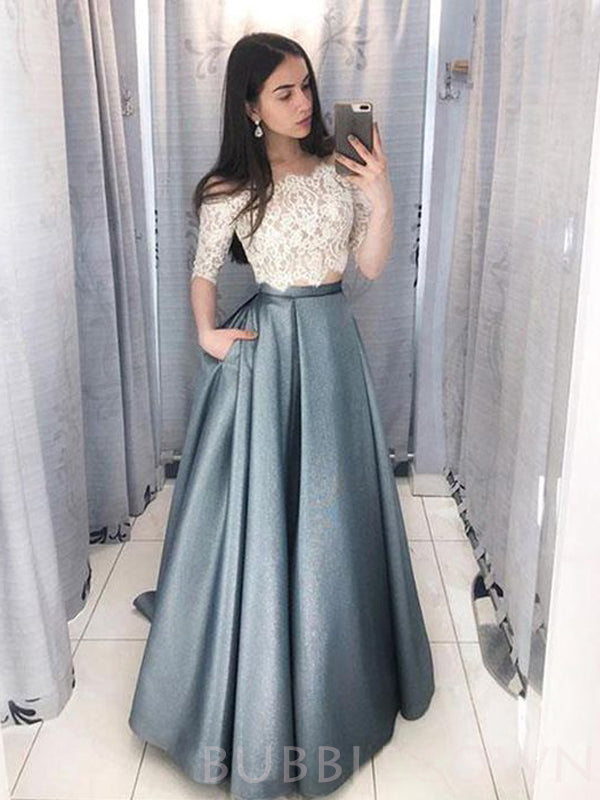 Off Shoulder A-line Satin Lace Long Two Pieces Evening Prom Dresses With Pocket , MR8084