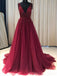 A-line Burgundy Tulle Beaded Long Evening Prom Dresses, MR8087