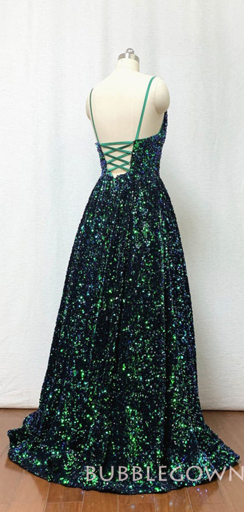 A-line Green Sequin Spaghetti Straps Long Evening Prom Dresses, MR8088