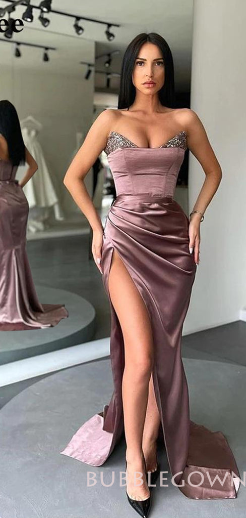 Mermaid Strapless Dusty Purple Satin Beaded Long Evening Prom Dresses, MR8089