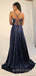 A-line Gold Satin Spaghetti Straps Long Evening Prom Dresses, MR8090