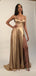 A-line Gold Satin Spaghetti Straps Long Evening Prom Dresses, MR8090