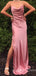 Sheath Purple Satin Spaghetti Straps Long Cowl Neck Evening Prom Dresses, MR8091