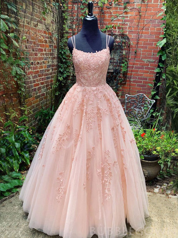 A-line Pink Tulle Appliques Spaghetti Straps Long Evening Prom Dresses, MR8092