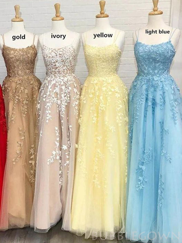 A-line Pink Tulle Appliques Spaghetti Straps Long Evening Prom Dresses, MR8092