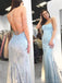 Blue Tulle Appliques Spaghetti Straps Long Mermaid Evening Prom Dresses, MR8093