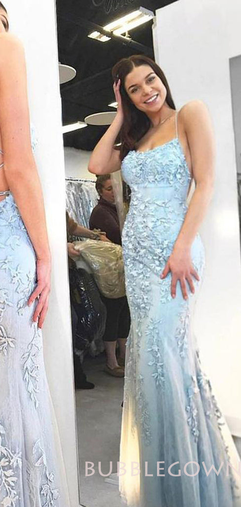 Blue Tulle Appliques Spaghetti Straps Long Mermaid Evening Prom Dresses, MR8093