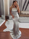 Mermaid Silver Satin Sequin Long Backless Evening Prom Dresses, MR8095